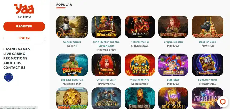 Yaa Casino Popular Slots Page Screenshot