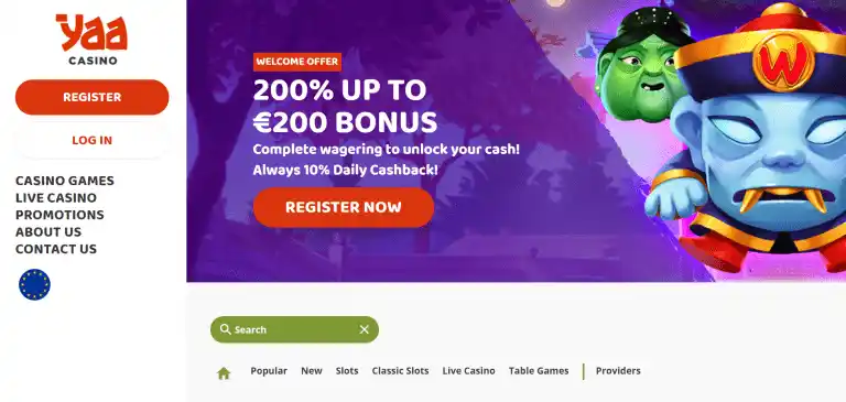 Yaa Casino Welcome Offer Page Screenshot