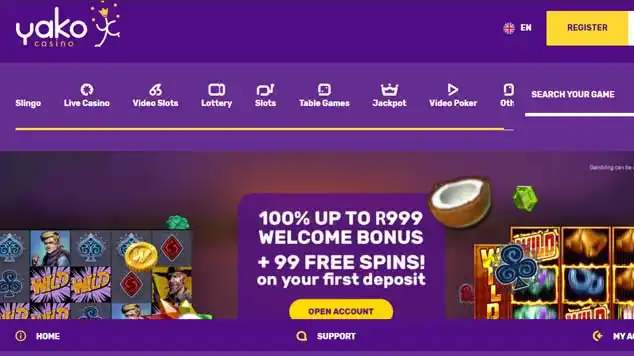 Yako Casino homepage showing the bonus offer