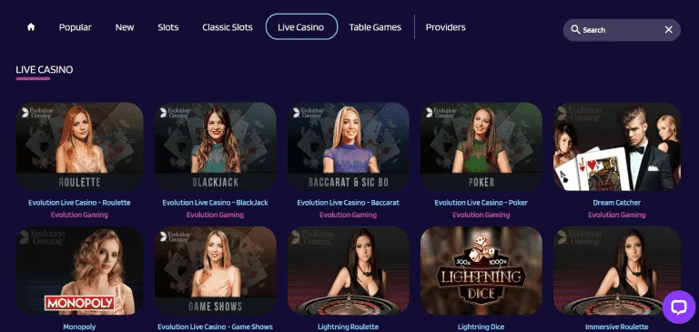 Lyra Casino Live Casino Page Screenshot