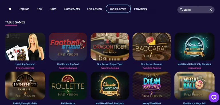 Lyra Casino Table Games Page Screenshot