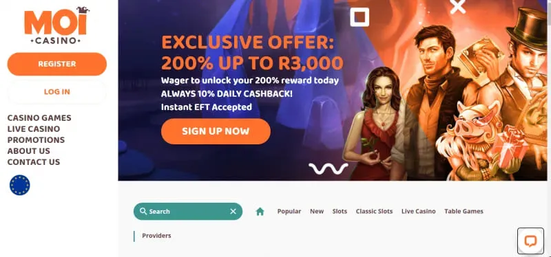 Moi Casino Exclusive Offer Page Screenshot