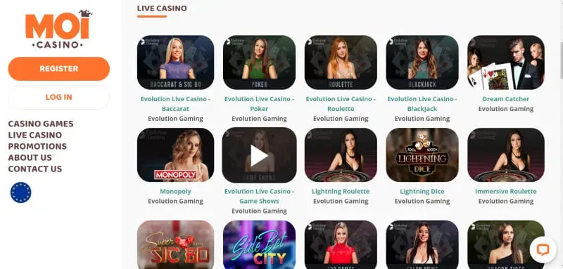 Moi Casino Live Casino Page Screenshot