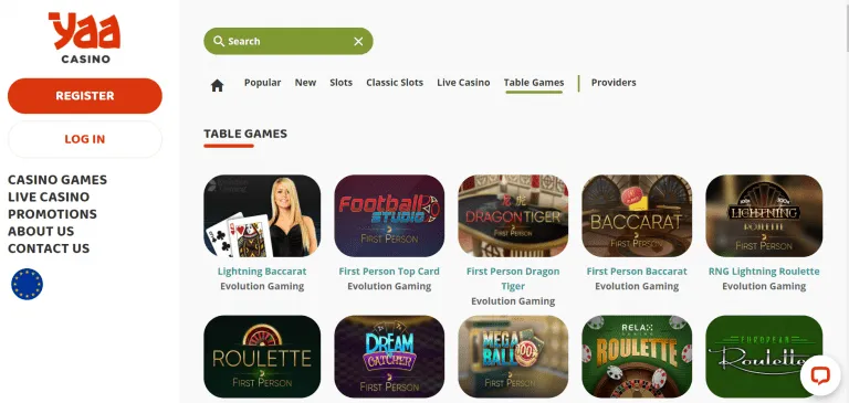 Yaa Casino Table Games Page Screenshot