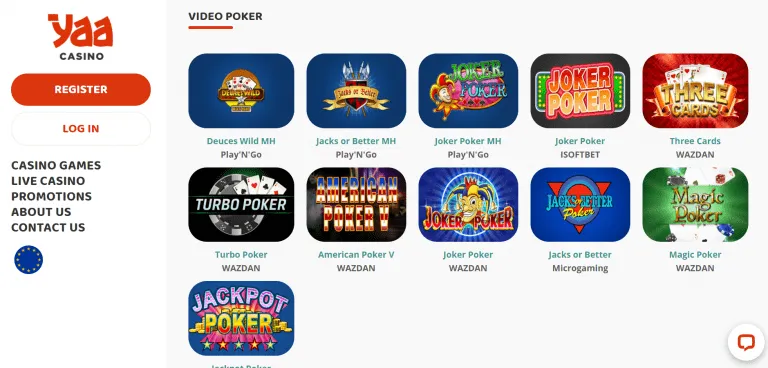Yaa Casino Video Poker Page Screenshot